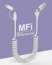 Coiled USB C to USB C and Lightning Cable 2 in 1 - PD 60W Fast Charging & Data Sync USB C Multi Charging Cable Support Apple CarPlay & Android Auto, 6FT Charging Cord Combo for iPhone/Android/Laptop