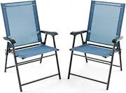 Costway 2-Piece Patio Folding Chairs, High Back Dining Chair Set w/Weather-Resistant Fabric, No Assembly, Outdoor Portable Metal Chairs with Armrests & Footrest for Garden, Backyard, Poolside