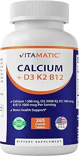 Vitamatic Calcium Supplement 1200mg with D3, K2 & B12, Immune & Bone Health Support - 365 Coated Tablets