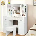 Dressing Table Stool Set With Makeup Mirror 6 Drawers 6 Open Shelves Vanity Desk