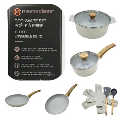 Masterclass 12pc Nonstick Cookware Set Creme Casserole Skillet Saucepan Utensils