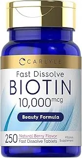 Biotin 10000mcg | 250 Fast Dissolve Tablets | Max Strength | Hair, Skin, and Nails Supplement | Vegetarian, Non-GMO, Gluten Free | by Carlyle