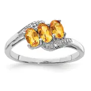 Sterling Silver Rhodium 3 Stone Citrine & Diamond Ring