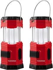 TANSOREN 2 PACK Portable LED Camping Lantern Solar USB Rechargeable or 3 AA Power Supply, Built-in Power Bank Compati Android Charge, Waterproof Collapsible Emergency LED Light with"S" Hook