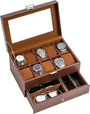 ProCase 10 Slots Watch Box Case for Men, Mens Jewelry Organizer Watch Holder Display Case with Drawer, PU Leather Watch Storage Boxes with Glass Lid and Pillow -Espresso