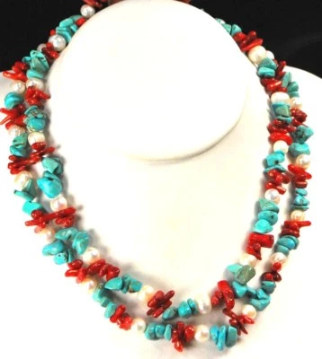 White Pearl Blue Magnesite Turquoise Red Coral Long Statement Necklace 23"