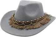 YFVFAGDMKV Cowboy Hat for Women and Men Tassels Jazz Cap Woolen 56-58cm Ethnic Style Curved Brim Cowgirl(5)