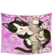 Cute Black and White Kitten Cat on Cherry Blossom Tapestry