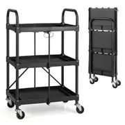 Costway 2-in-1 Foldable Kitchen Cart Metal Tool Storage Trolley Rolling Serving Cart w/Compartments Black