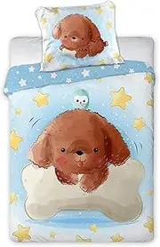 Arle-Living 3-Piece Children's Baby Bed Linen Set - Dog/Puppy/Puppy - 100 x 135 cm + 40 x 60 cm + 1 Fitted Sheet in White 70 x 140 cm - 100% Cotton