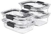 [Rubbermaid] Brilliance Glass Food Storage Set of 4 containers, 8 Total Pieces (4 containers + 4 lids) for Lunch, Meal Prep, and Leftovers, Dishwasher and Oven Safe, Clear/Grey