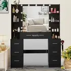 Dressing Table Set Bedroom Makeup Mirror Desk LED Lights with 7 Drawers Black