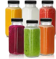 Juice Bottles, Glass Juice Bottles with Lids, 500ml Reusable Glass Drink Bottles for Fridge, Clear Jars with Caps, for Milk, Juicing, Kombucha, Ginger, Beverage Glassware, Drinking Jars, 16 oz 6 PCS