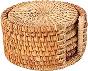 Rattan Coasters,Yosooo Set of 6 Vintage Handcrafted Drinks Tea Cup Mats Coasters Round Teapot Insulation Mat Decoration for Kitchen Table Drinks Crafts Table Desk Office