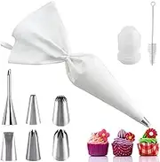 Reusable Versatile Easy to Clean Large Icing Piping Bags and Tips Set- 6pcs Large Stainless Icing Tip for Cake Decorating-Cotton Icing Bag,Coupler I Professional Cupcake Kit (White/Cotton)