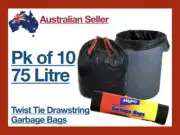 x 10 Bin Garbage Rubbish Garden Refuse Bag Black Liner 75L 75x90cm Tie String