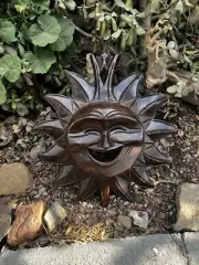 Hand carved wooden happy hippie smiling sun face wall plaque hanging from philip