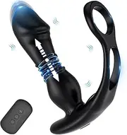 Thrusting Anal Vibrator Prostate Massager - Dual Cock Ring Anal Toy Butt Plug with 3 Thrust & 12 Vibration Modes, Remote Control Anal Male Adult Sex Toys P Spot Prostate Massager Dildo for Men Couples Waterproof