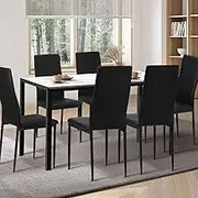 Oikiture Dining Table with Dining Chairs for Set 6PCS 140cm Rectangle Marble Table Top White&Black for Home Kitchen or Dining Room