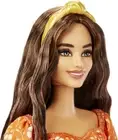 BARBIE Doll Long Wavy Brunette Hair Headband Orange Flower Print Decor Dress