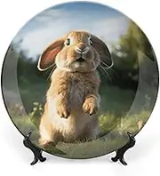 Decorative Rabbit Plates Funny Cute Decorative Ceramic Plates for Display, Boho Style Dinner Plate with Display Stand, Porcelain Plate for Decoration