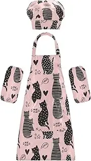 AIXIWAWA Kids Apron Chef Hat Set, Child Kitchen Bib Aprons Adjustable for Cooking Baking Painting (Dot Silhouette Cats)