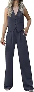 [WUANDIXFA] Blazers for Women Elegant 2 Piece Outfits Sleeveless Shirt and Straight Leg Pants Business Blazer Sets