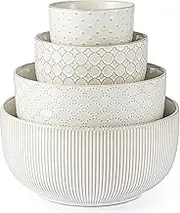 MIKIGEY Mikiegy Ceramic Mixing Bowls Set of 4, Nesting Ceramic Embossment Stoneware Mixing Bowls for Cooking, Serving, Popcorn, Salad etc, Microwave & Dishwasher Safe, 20/44/98/145 oz, Off-White