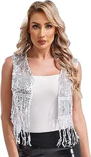 [Jugaoge] Women Sparkly Fringe Vest Glitter Tassel Waistcoat Tops Sleeveless Open Front Blazer Cardigan