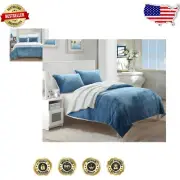Evie Sherpa Lined Microplush Blanket & Sham Set – Twin XL, Elegant Blue Design