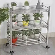 Flower Holder Racks, Metal Stainless Steel Flower Display Stand Outdoor Garden Plant Holder 3 Tiers Shelves with Wheels for Garden Balcony Living Room Storage Shelving(100x35x92cm)