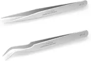 LANKIZ Eyelash Extension Tweezers Stainless Steel 2 Piece Set, Silver