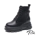 T2R-正韓空運-真皮扣飾造型綁帶拉鍊短靴-增高約8公分-黑