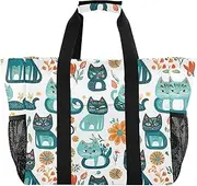 [sanluoli] Large Tote Bag For Women Foldable Beach Tote Bag Waterproof Canvas Laundry Tote, Cartoon Cute Teal Cats, 1 size