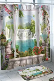 Floral Wooden Terrace by Tropical Waterfall Pond Shower Curtain