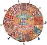 Sophia Art Round Floor Pillow Cushion Patchwork Pouf Ottoman Vintage Indian Foot Stool Bean Bag Floor Pillow Cover Home Decor Living Room Ottoman Bohemain Pillows (Brownish Red, 40 Inch)