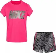 [Nike] Baby Girls Dri-FIT Graphic Tee & Shorts 2 Piece Set (Black(36G203-023)/Pink, 18 Months)