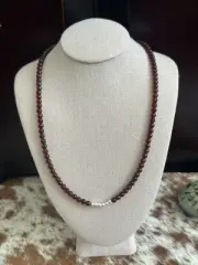 Native American Handstrung Genuine Garnet 4mm Sterling Silver Necklace