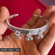 925 Sterling Silver Bells Charm Bracelet for Women Handmade Cuff Bangle Kada
