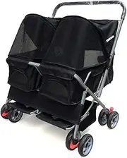 LAMZH Pet Travel Stroller Double Dog Stroller Pet Travel Stroller Dog Cat Pushchair Pram Jogger Buggy with 4 Wheels Can Be Folded - with Rain Cover Max Loading 60kg Double Dog Stroller, Black