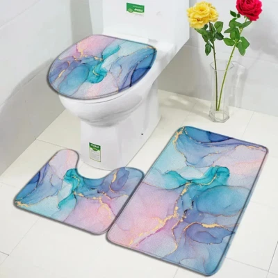 Abstract Marble Bath Mat Set Pink Blue Line Textured Modern Home Floor Carpet Ba