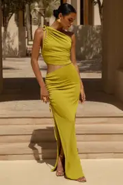Margie | Green Maxi Skirt With Ruched Detail And Front High Split