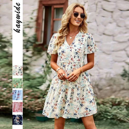 High Quality 2024 Spring Summer Stand Up Collar V-neck Chiffon Printed A-line