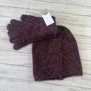 BP Nordstrom Womens Beanie Hat And Glove Set Burgundy Metallic Tinsel Sparkle
