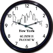 New York City Skyline Wall Clock Latitude Longitude silhouette new 10"