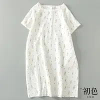 在飛比找momo購物網優惠-【初色】涼爽透氣休閒文藝寬鬆A字棉麻風連身裙洋裝-白色-61