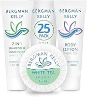 BERGMAN KELLY Round Soap Bars, 2in1 Shampoo & Conditioner, and Travel Size Lotion 3-Piece Set (White Tea, 1 oz ea, 75 pc), Revitalizing & Refreshing Sanitary Toiletries Hotel Amenities