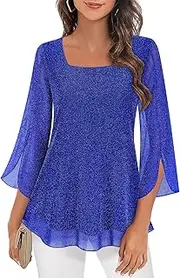 [Syphiby] Womens Blouses Ruffle 3/4 Sleeve Tunic Tops Loose Flowy Square Neck Chiffon Top Double Layers Mesh Shirts M-3XL