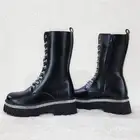 Combat Sparkle Mid Calf Rhinstone Platform & Laces Biker Glam Boots Black Vegan