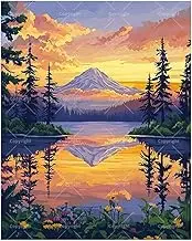 Landscape Paint by Numbers Kit for Adults - DIY Sunset Mountain Reflection and Flower Painting on Canvas 16x20 Inches, Acrylic Paint Set, Suitable for Beginners,Art for Home Decoration/Gifts